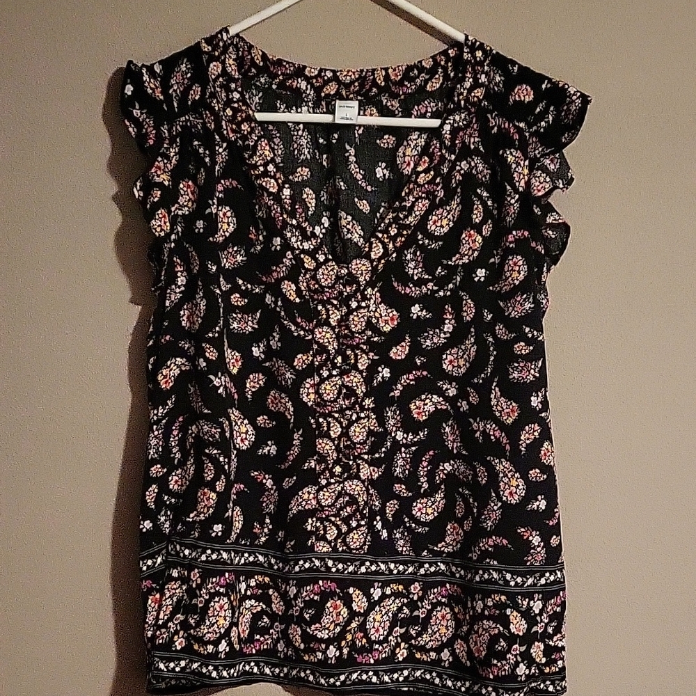 Black and Pink Ruffled Blouse with Paisley Print